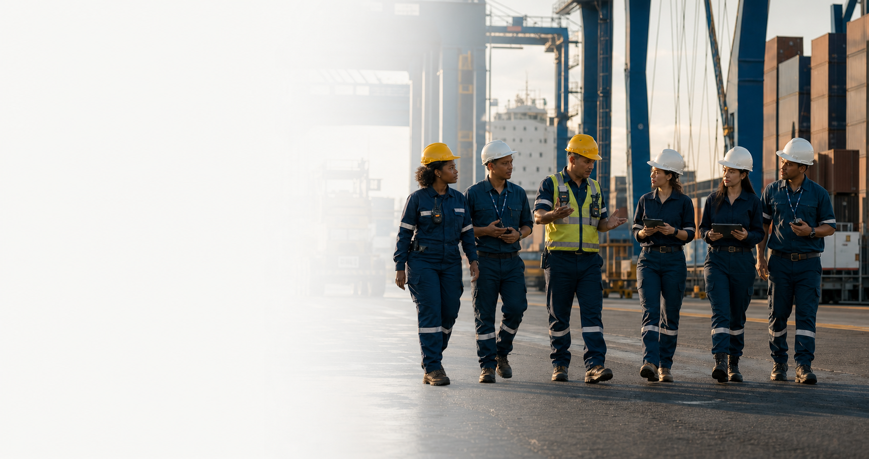 Jóvenes profesionales recorren una terminal portuaria junto a su mentor.